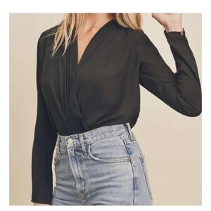 NWT Dress Forum V Neck Chiffon Black Long Sleeve Bodysuit Size Small